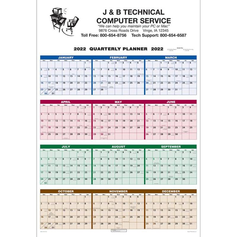 Single Sheet Wall Calendar - 4-Color Quarterly Full Year View