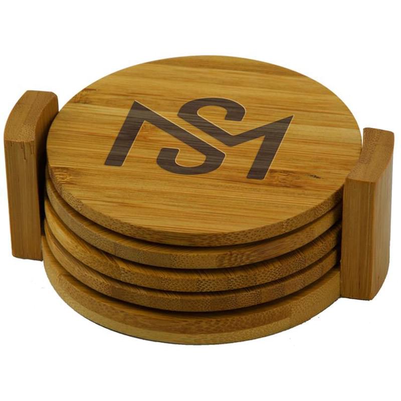Round Bamboo Coaster Set with Wood Stand