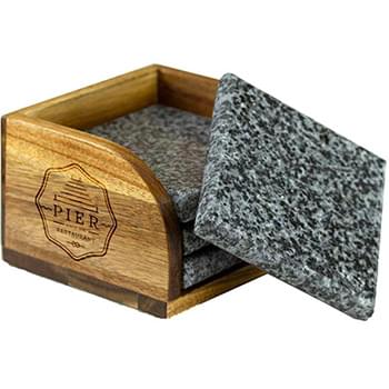 LAST CHANCE - 4 Pc. Granite Coaster Set with Acacia Wood Stand