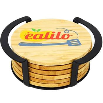 6 Pc. Round Bamboo Coaster Set with Black Metal Stand